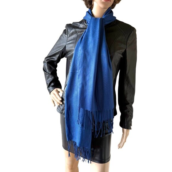 Blue Pashmina Scarf Long 70 inch Fringed Wrap Shawl Soft Cozy Style - Picture 9 of 12
